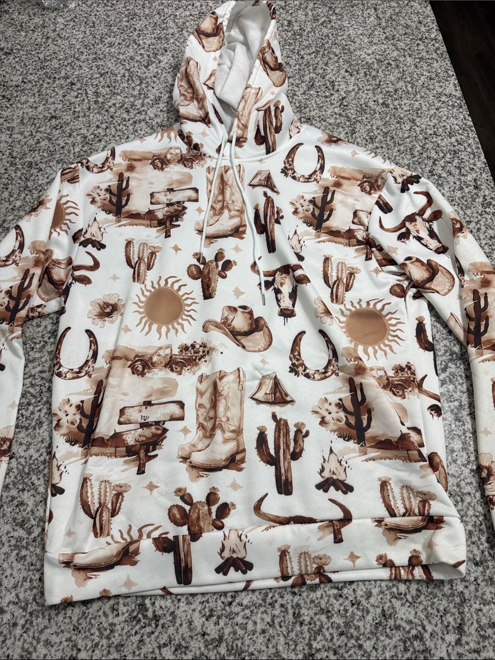 Desert Western Print Hoodie in Cream and Brown